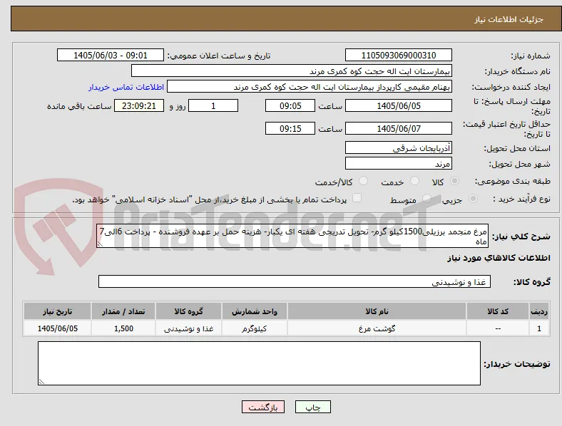 مرغ منجمد برزیلی1500کیلو گرم- تحویل تدریجی هفته ای یکبار- هزینه حمل بر عهده فروشنده - پرداخت 6الی7 ماه