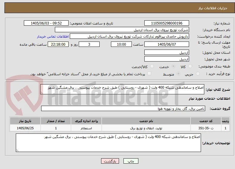 اصلاح و ساماندهی شبکه 400 ولت ( شهری - روستایی ) طبق شرح خدمات پیوستی ، برق مشگین شهر