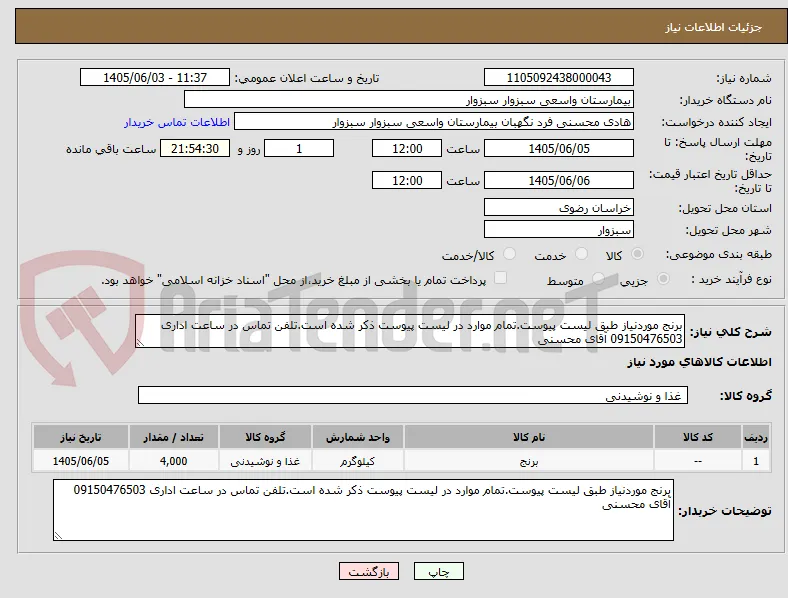 برنج موردنیاز طبق لیست پیوست.تمام موارد در لیست پیوست ذکر شده است.تلفن تماس در ساعت اداری 09150476503 آقای محسنی