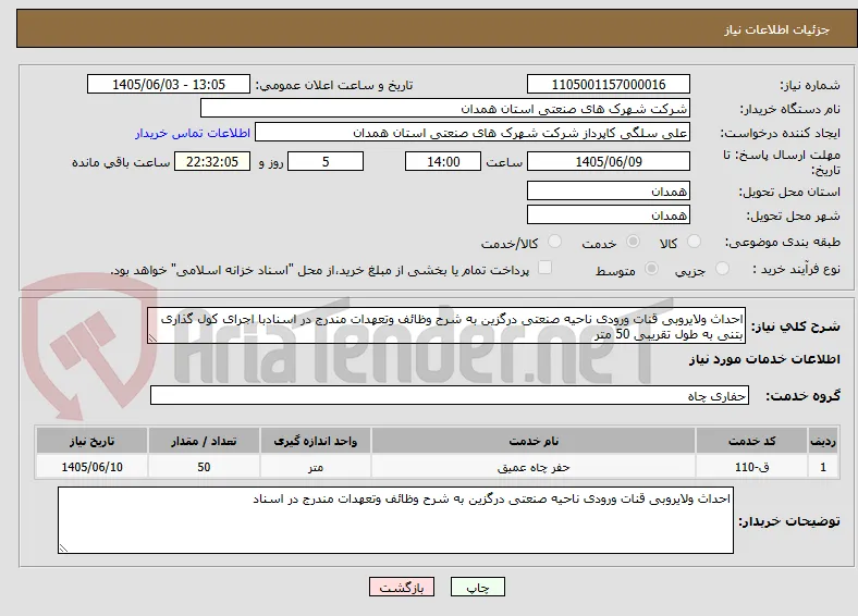 احداث ولایروبی قنات ورودی ناحیه صنعتی درگزین به شرح وظائف وتعهدات مندرج در اسنادبا اجرای کول گذاری بتنی به طول تقریبی 50 متر