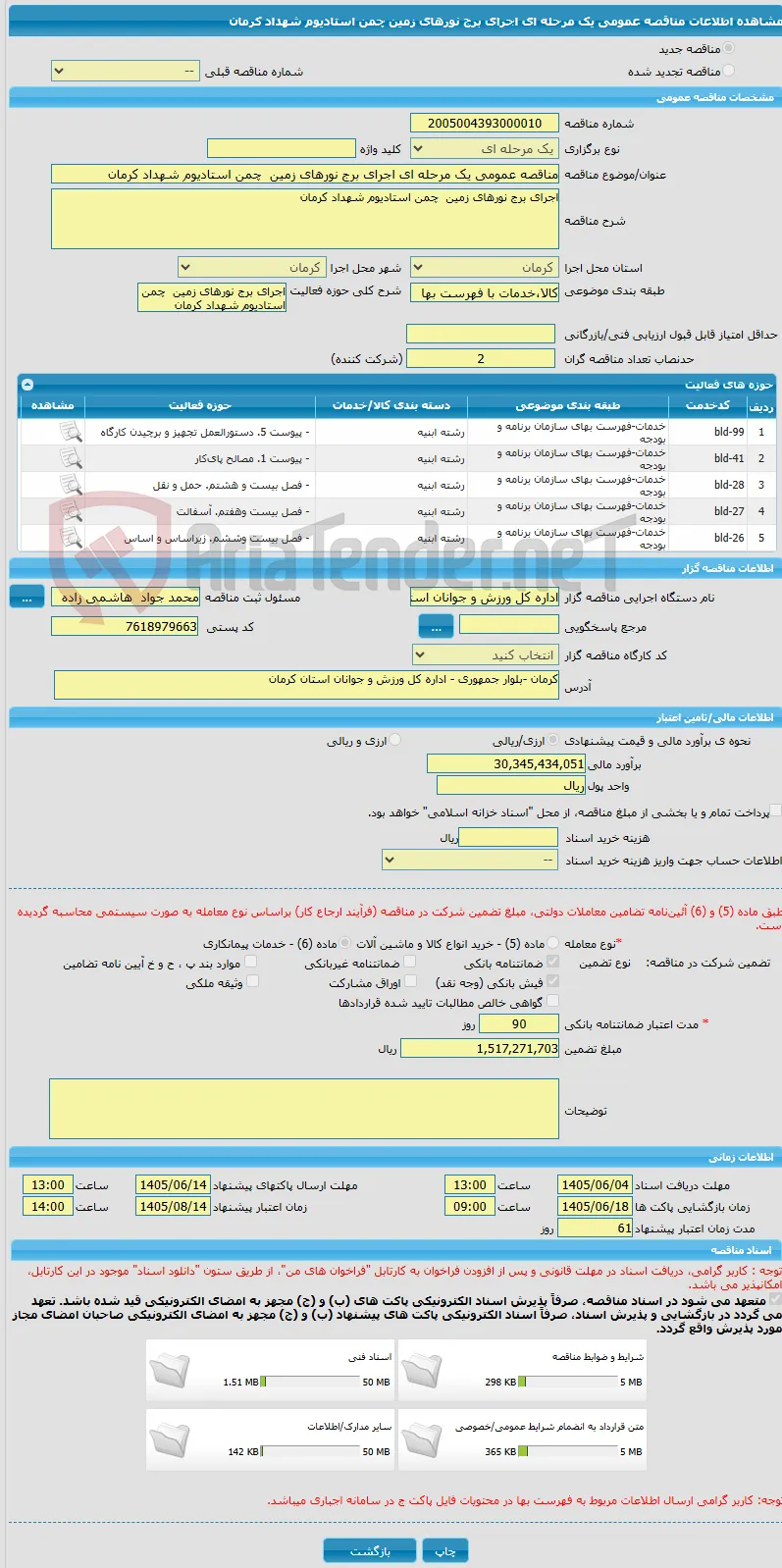 مناقصه عمومی یک مرحله ای اجرای برج نورهای زمین  چمن استادیوم شهداد کرمان