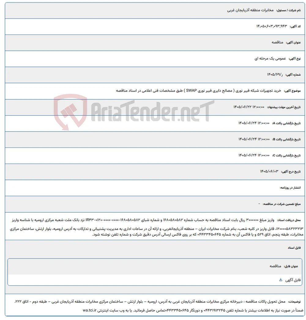 خرید تجهیزات شبکه فیبر نوری ( مصالح دایری فیبر نوری SWAP ) طبق مشخصات فنی اعلامی در اسناد مناقصه
