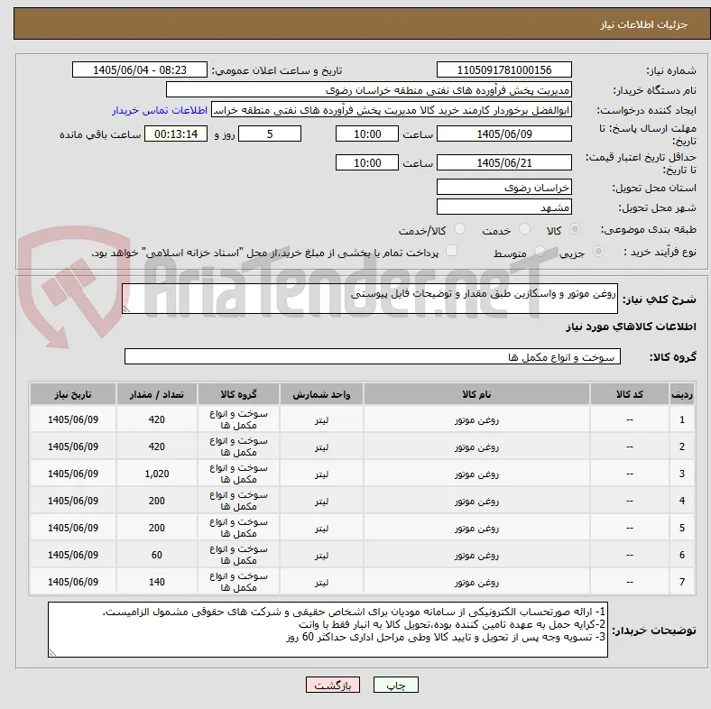 روغن موتور و واسکازین طبق مقدار و توضیحات فایل پیوستی