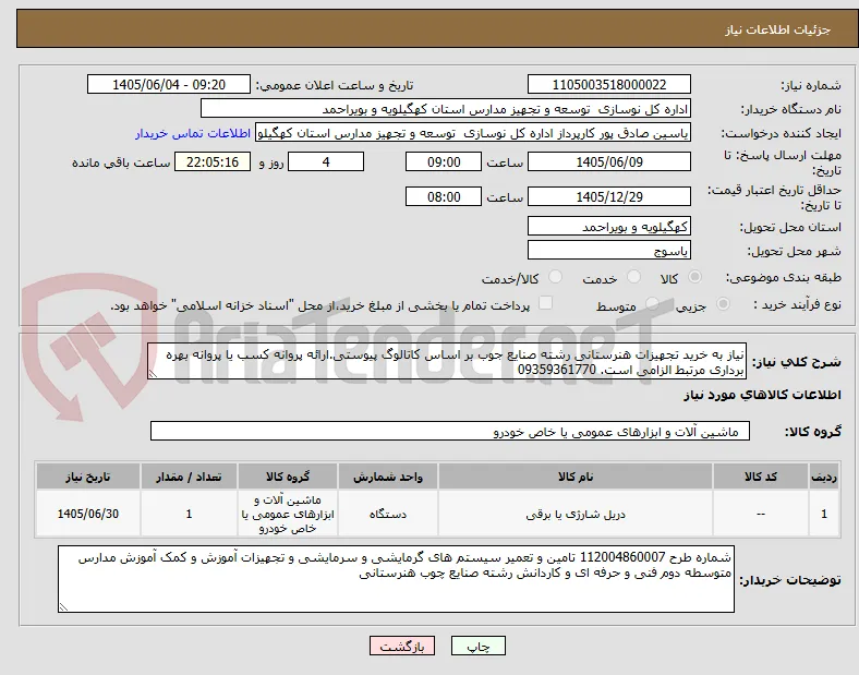 نیاز به خرید تجهیزات هنرستانی رشته صنایع جوب بر اساس کاتالوگ پیوستی.ارائه پروانه کسب یا پروانه بهره برداری مرتبط الزامی است. 09359361770