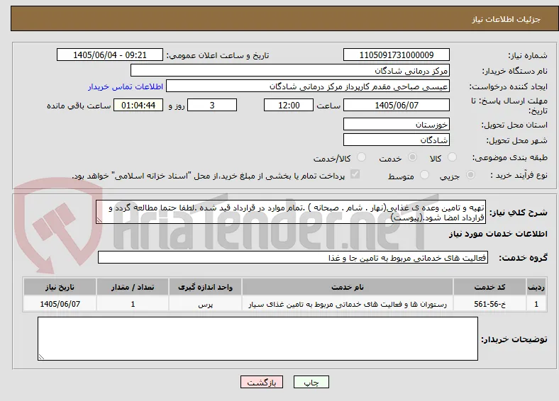تهیه و تامین وعده ی غذایی(نهار . شام . صبحانه ) .تمام موارد در قرارداد قید شده .لطفا حتما مطالعه گردد و قرارداد امضا شود.(پیوست)