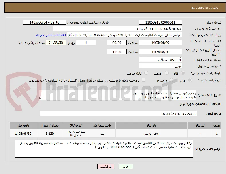 روغن توربین مطابق مشخصات فنی پیوستی 
هزینه حمل بر عهده فروشنده می باشد .