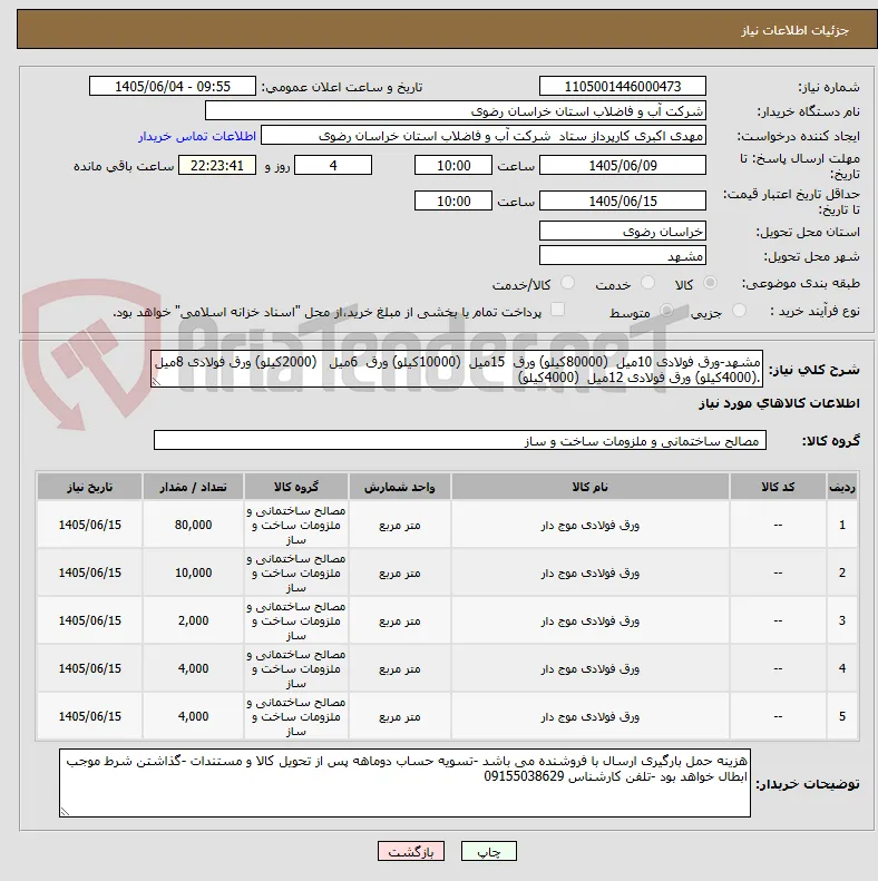 مشهد-ورق فولادی 10میل  (80000کیلو) ورق  15میل  (10000کیلو) ورق  6میل   (2000کیلو) ورق فولادی 8میل .(4000کیلو) ورق فولادی 12میل  (4000کیلو)