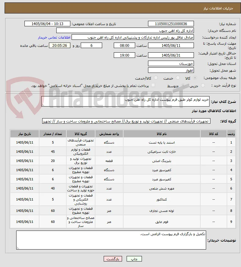 خرید لوازم کولر طبق فرم پیوست اداره کل راه آهن جنوب