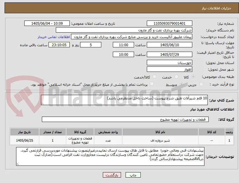10 قلم شیرآلات طبق شرح پیوست (ساخت داخل مدنظرمی باشد)