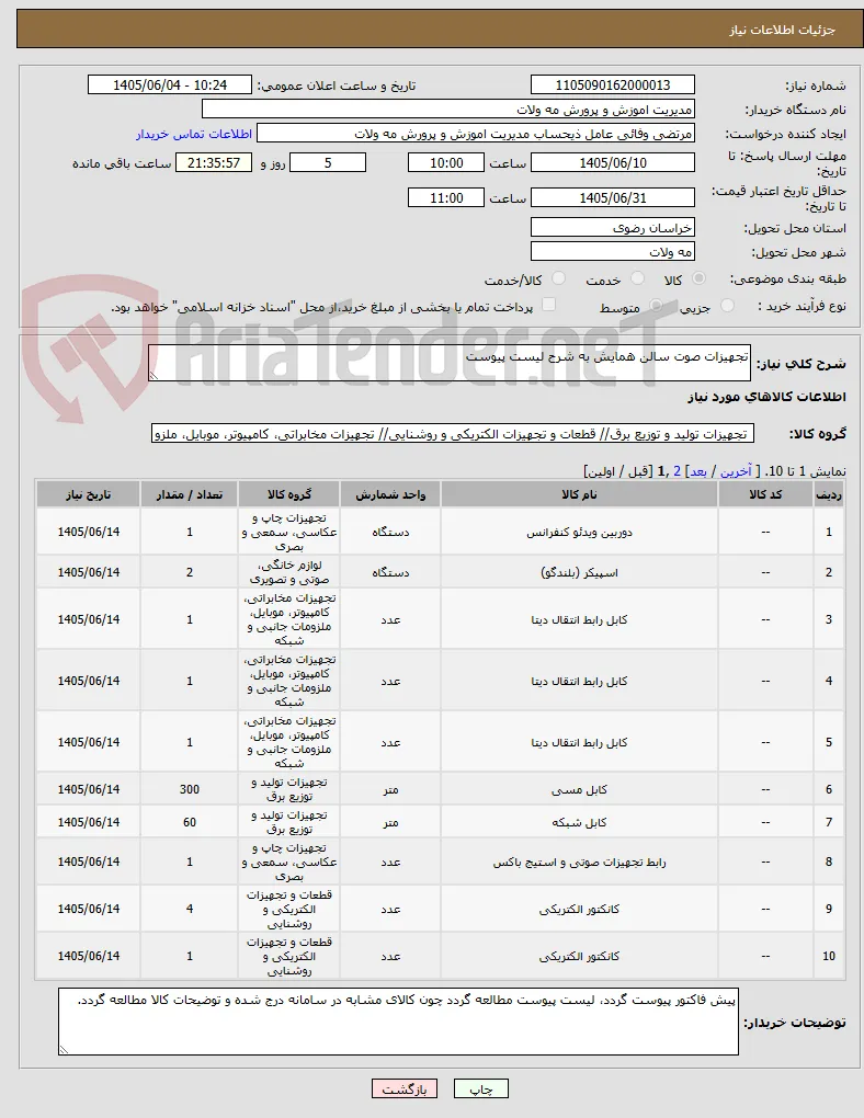 تجهیزات صوت سالن همایش به شرح لیست پیوست