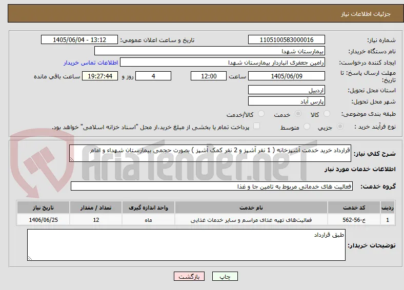 قرارداد خرید خدمت آشپزخانه ( 1 نفر آشپز و 2 نفر کمک آشپز ) بصورت حجمی بیمارستان شهداء و امام