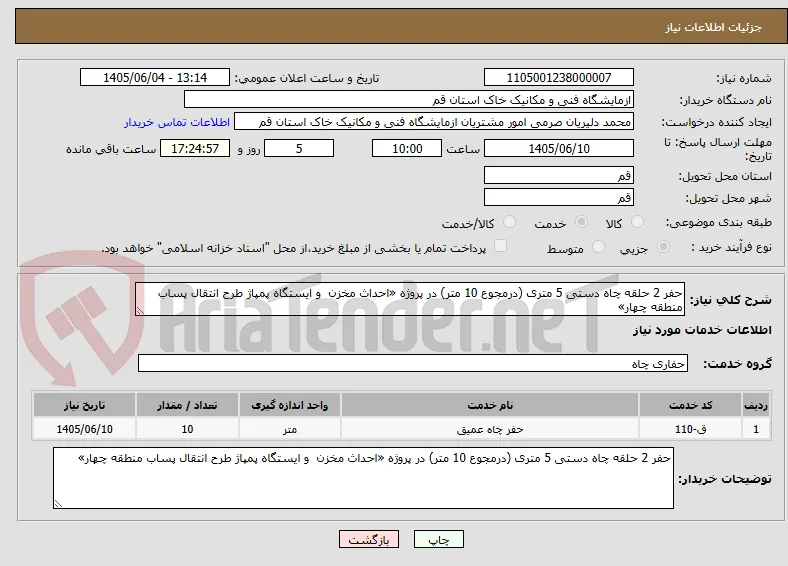 حفر 2 حلقه چاه دستی 5 متری (درمجوع 10 متر) در پروژه «احداث مخزن  و ایستگاه پمپاژ طرح انتقال پساب منطقه چهار» 