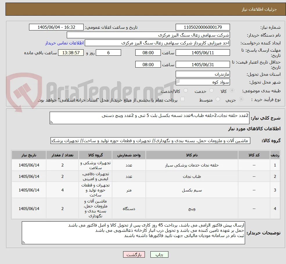 2عدد حلقه نجات،2حلقه طناب،4عدد تسمه بکسل بلت 5 تنی و 2عدد وینچ دستی