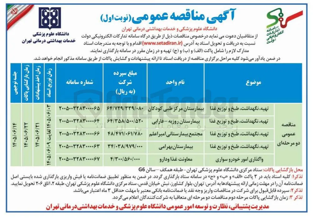 تهیه، نگهداشت، طبخ و توزیع غذا مجتمع بیمارستانی امیر اعلم 