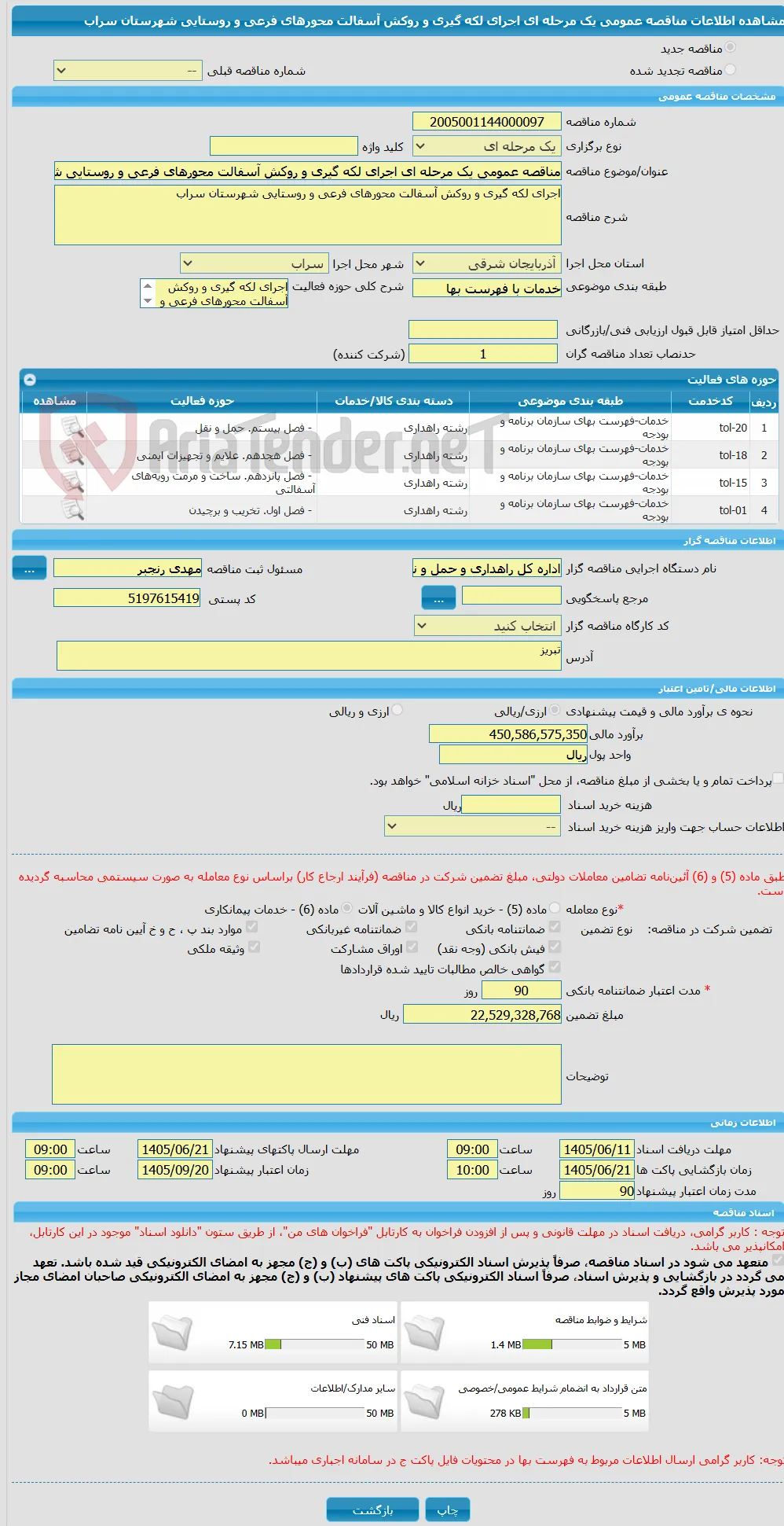 مناقصه عمومی یک مرحله ای اجرای لکه گیری و روکش آسفالت محورهای فرعی و روستایی شهرستان سراب