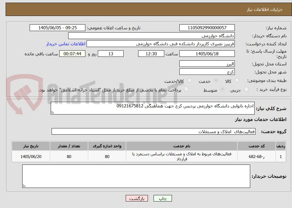 اجاره نانوایی دانشگاه خوارزمی پردیس کرج جهت هماهنگی 09121675812