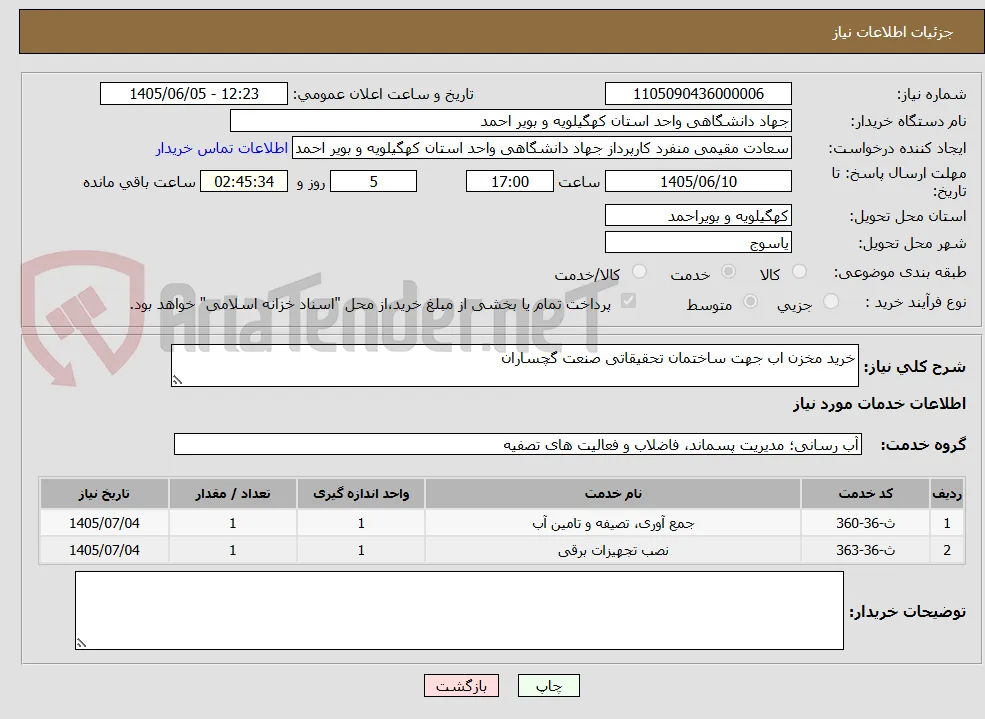 خرید مخزن اب جهت ساختمان تحقیقاتی صنعت گچساران