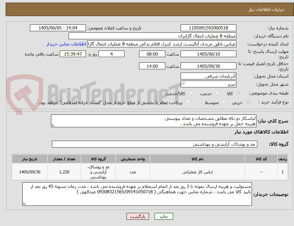 لباسکار دو تکه مطابق مشخصات و تعداد پیوستی
هزینه حمل بر عهده فروشنده می باشد .