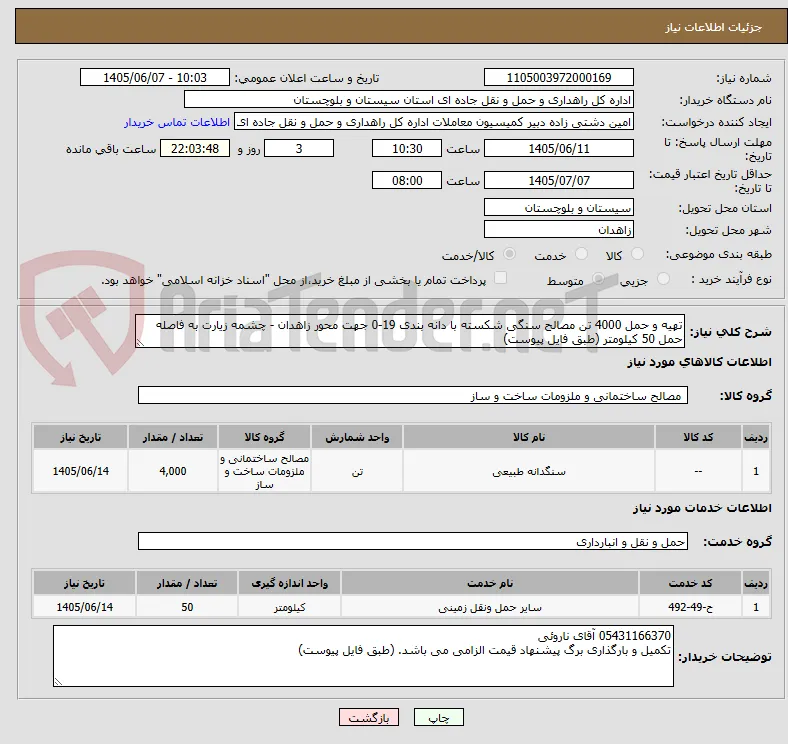 تهیه و حمل 4000 تن مصالح سنگی شکسته با دانه بندی 19-0 جهت محور زاهدان - چشمه زیارت به فاصله حمل 50 کیلومتر (طبق فایل پیوست)