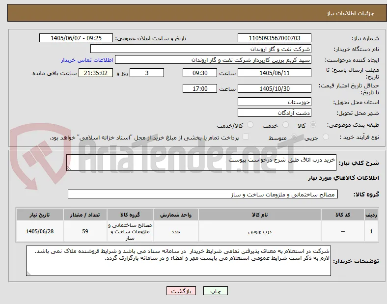 خرید درب اتاق طبق شرح درخواست پیوست