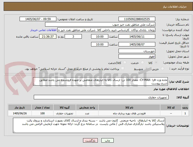ماده وزن افزا -CY-MAX- مقدار 100 تن- ارسال کالا به انبارهای متقاضی بر عهده فروشنده می باشد-مطابق شرح پیوست