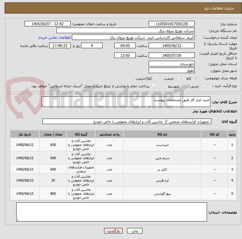 خرید ابزار کار طبق مشخصات پیوست