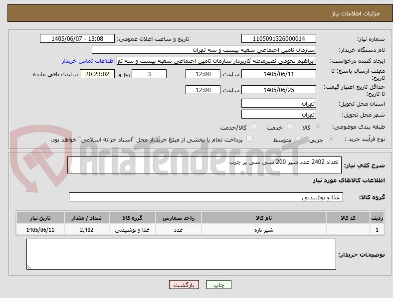  تعداد 2402 عدد شیر 200 سی سی پر چرب 