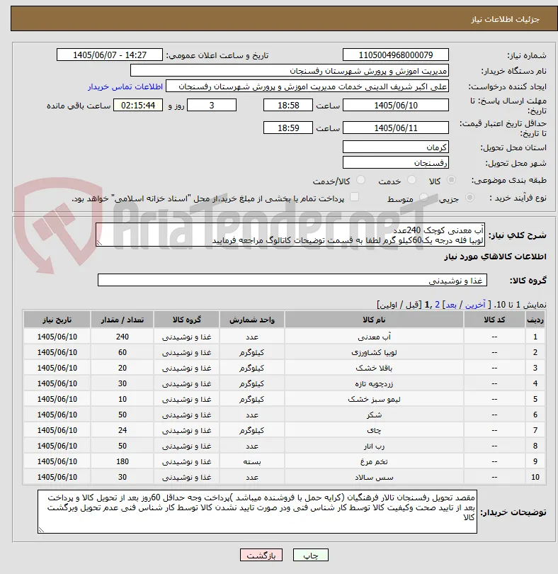 آب معدنی کوچک 240عدد 
لوبیا فله درجه یک60کیلو گرم لطفا به قسمت توضیحات کاتالوگ مراجعه فرمایید