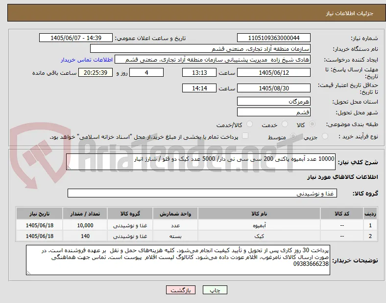 10000 عدد آبمیوه پاکتی 200 سی سی نی دار/ 5000 عدد کیک دو قلو / شارژ انبار