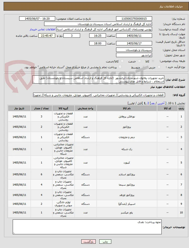 خرید تجهیزات پلاتوی شهرستان ایرانشهر  (اداره کل فرهنگ و ارشاد اسلامی سیستان و بلوچستان) طبق استعلام ، شرایط و فایل های پیوستی