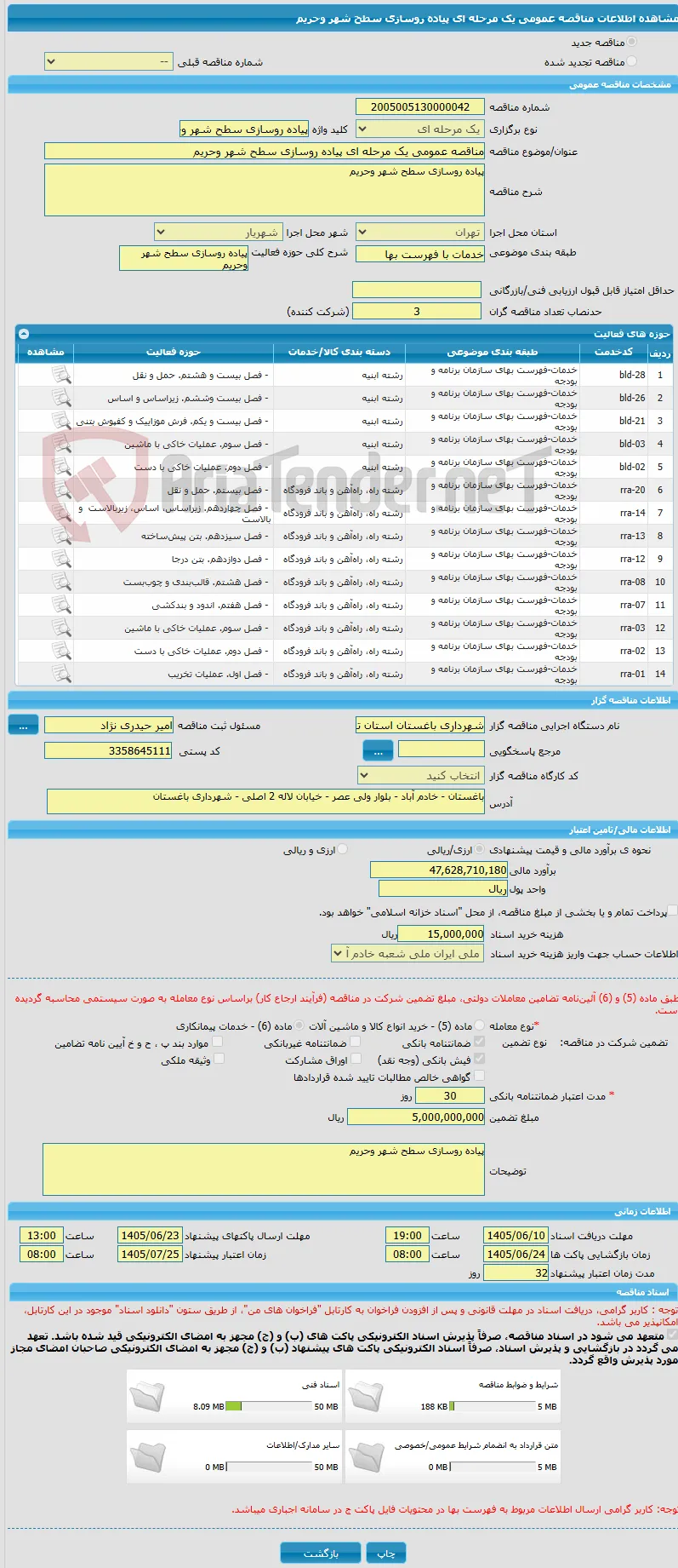 مناقصه عمومی یک مرحله ای پیاده روسازی سطح شهر وحریم