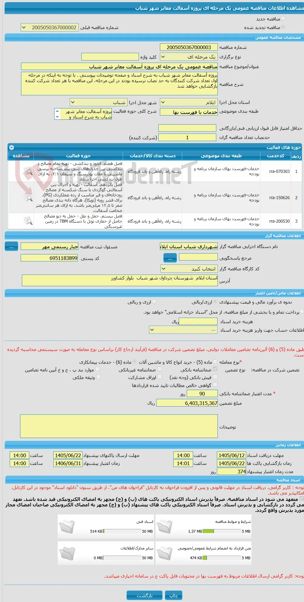 مناقصه عمومی یک مرحله ای پروژه آسفالت معابر شهر شباب 