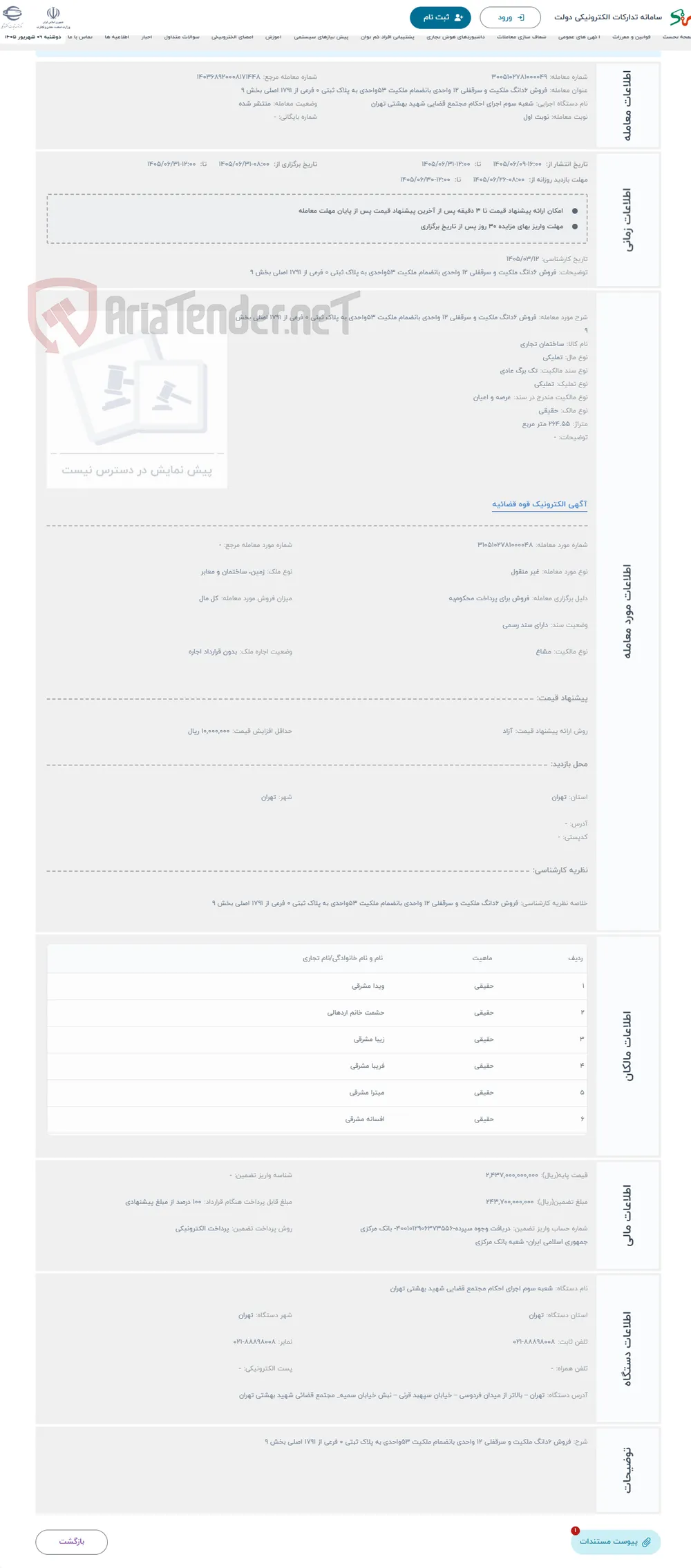 حراج فروش 6دانگ ملکیت و سرقفلی 12 واحدی بانضمام ملکیت 53واحدی به پلاک ثبتی 0 فرعی از 1791 اصلی بخش 9