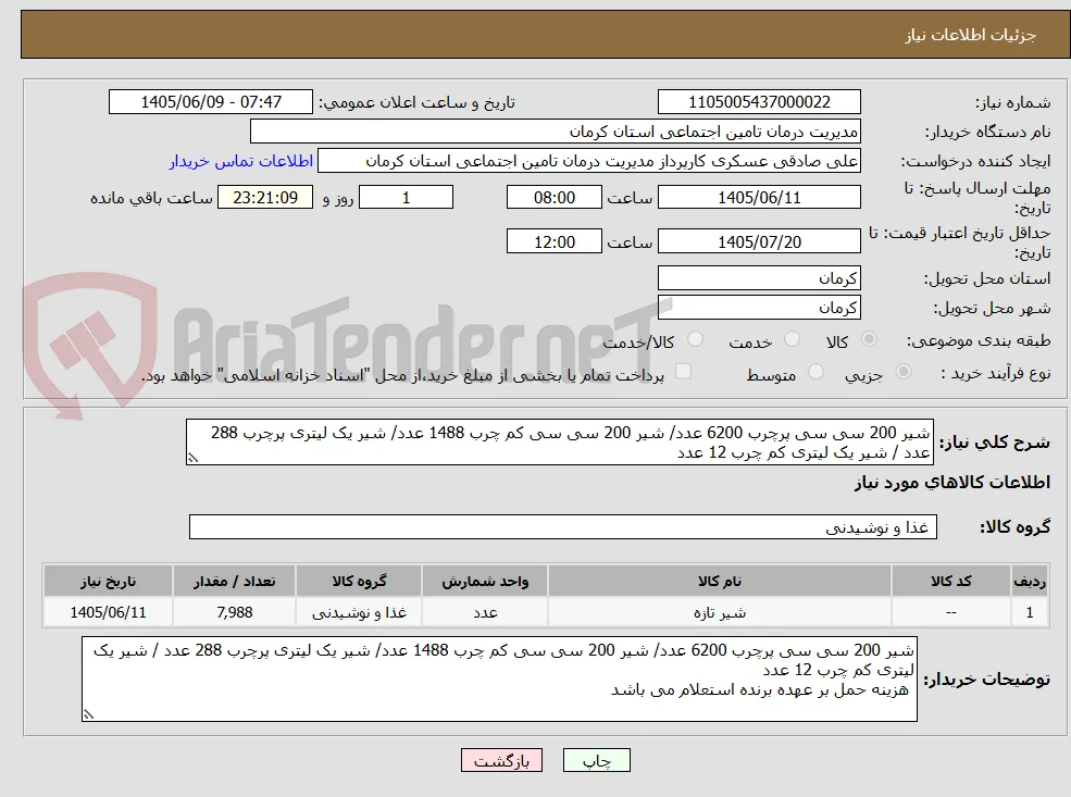 شیر 200 سی سی پرچرب 6200 عدد/ شیر 200 سی سی کم چرب 1488 عدد/ شیر یک لیتری پرچرب 288 عدد / شیر یک لیتری کم چرب 12 عدد 