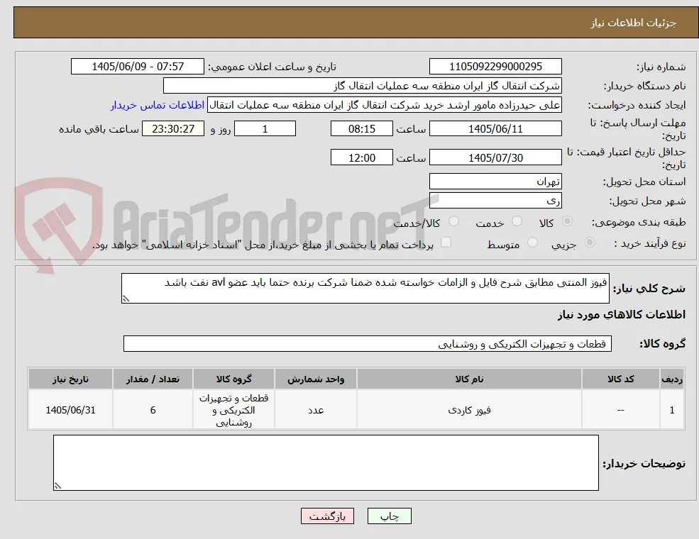 فیوز المنتی مطابق شرح فایل و الزامات خواسته شده ضمنا شرکت برنده حتما باید عضو avl نفت باشد