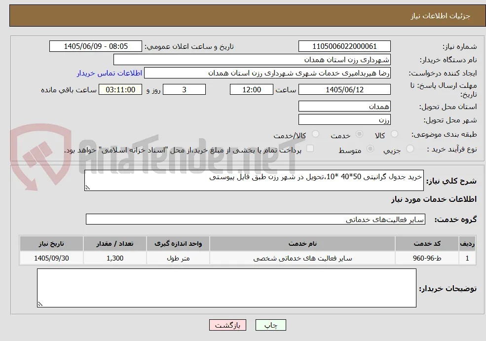 خرید جدول گرانیتی 50*40 *10،تحویل در شهر رزن طبق فایل پیوستی