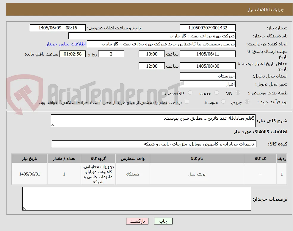 5قلم معادل41 عدد کاتریج....مطابق شرح پیوست.