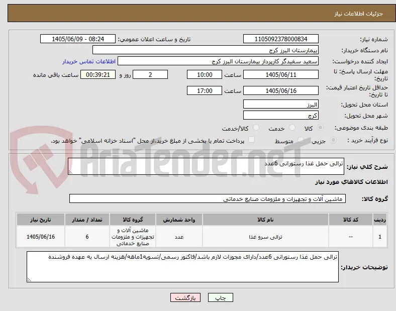 ترالی حمل غذا رستورانی 6عدد