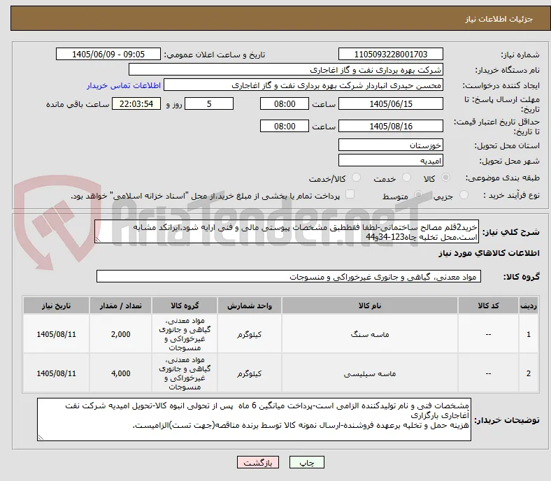 خرید2قلم مصالح ساختمانی-لطفا فقططبق مشخصات پیوستی مالی و فنی ارایه شود.ایرانکد مشابه است.محل تخلیه چاه123-34و44