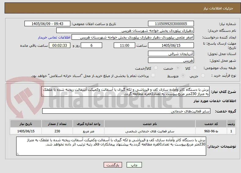 برش با دستگاه کاتر وآماده سازی کف و قیرپاشی و لکه گیری با آسفالت وکمپکت آسفالت ریخته شده با غلطک به متراژ 230متر مربع.پیوست به تعداد1فقره مطالعه گردد.