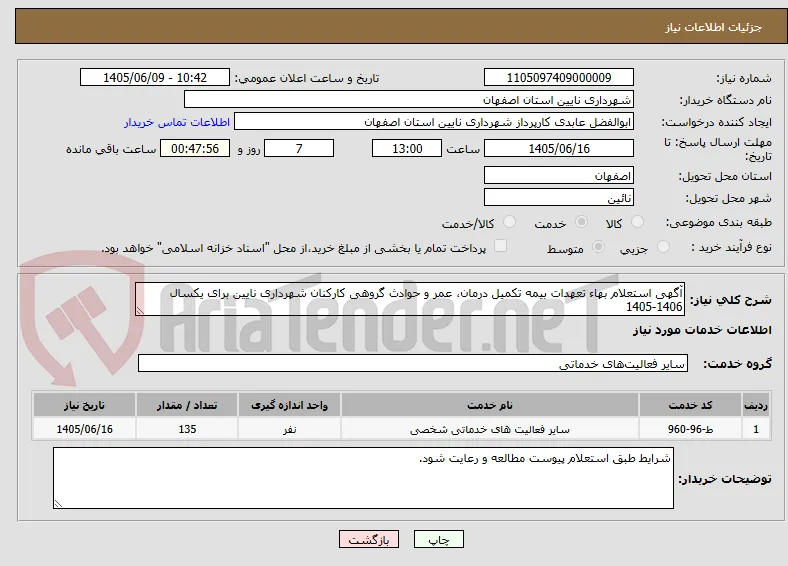 آگهی استعلام بهاء تعهدات بیمه تکمیل درمان، عمر و حوادث گروهی کارکنان شهرداری نایین برای یکسال 1406-1405