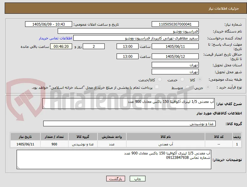 آب معدنی 1/5 لیتری آکوافینا 150 باکس معادل 900 عدد