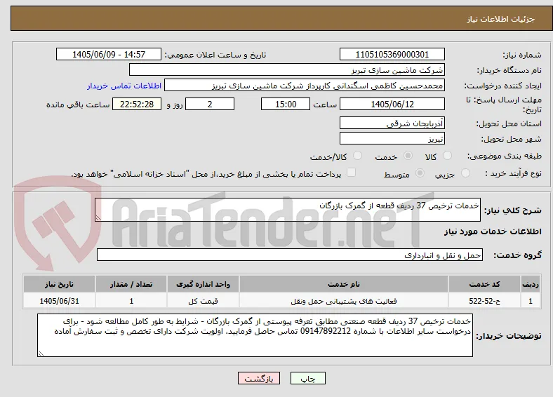 خدمات ترخیص 37 ردیف قطعه از گمرک بازرگان