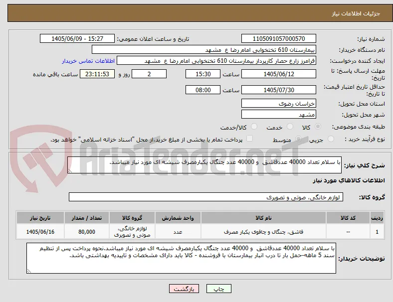 با سلام تعداد 40000 عددقاشق  و 40000 عدد چنگال یکبارمصرف شیشه ای مورد نیاز میباشد.