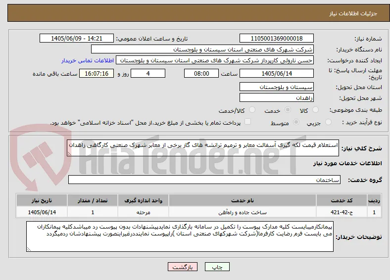 استعلام قیمت لکه گیری آسفالت معابر و ترمیم ترانشه های گاز برخی از معابر شهرک صنعتی کارگاهی زاهدان