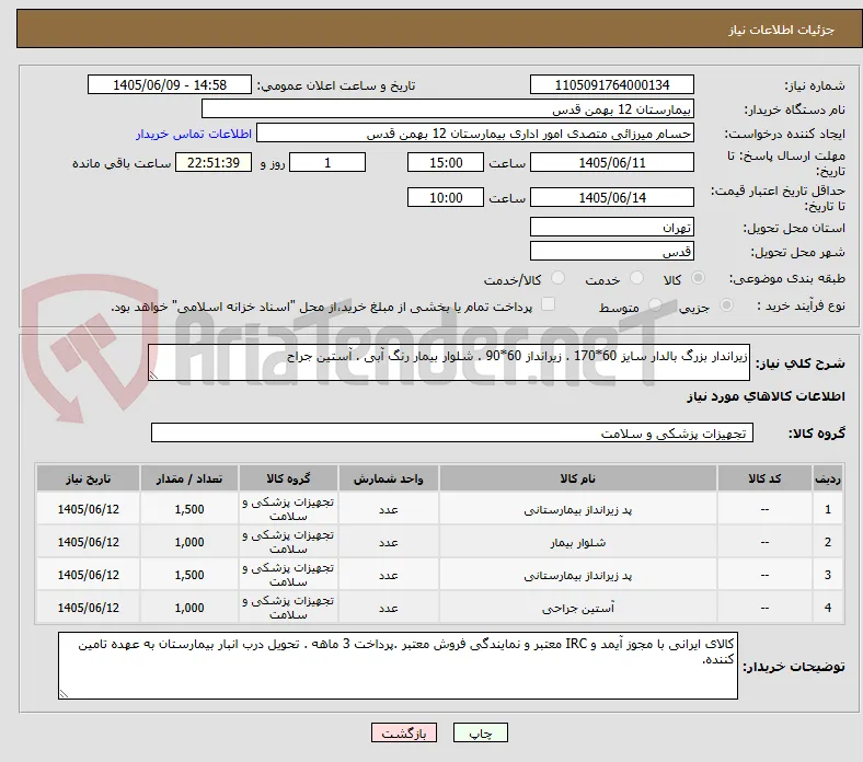 زیراندار بزرگ بالدار سایز 60*170 . زیرانداز 60*90 . شلوار بیمار رنگ آبی . آستین جراح 