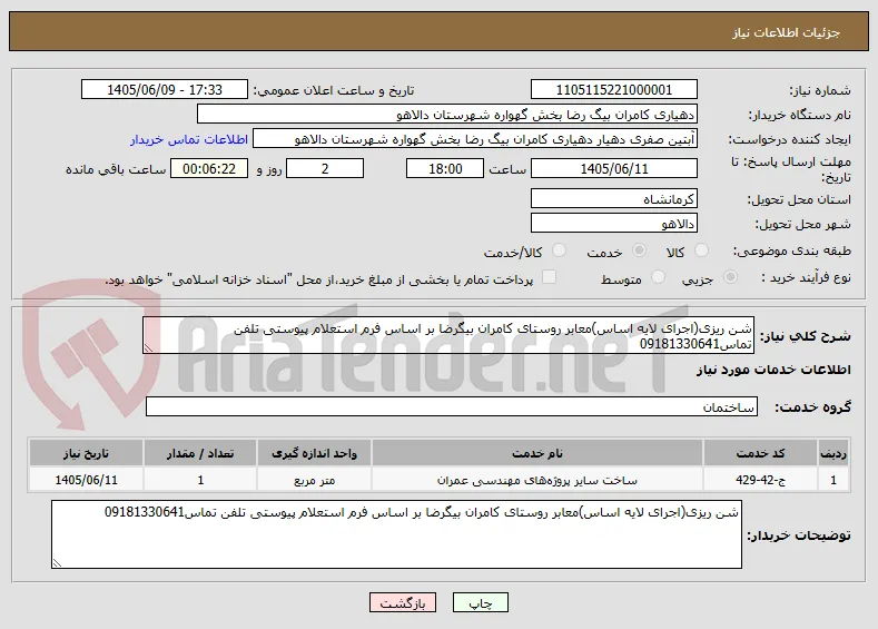 شن ریزی(اجرای لایه اساس)معابر روستای کامران بیگرضا بر اساس فرم استعلام پیوستی تلفن تماس09181330641