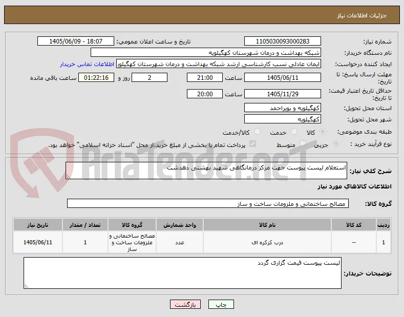 استعلام لیست پیوست جهت مرکز درمانگاهی شهید بهشتی دهدشت