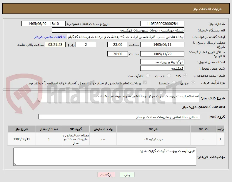 استعلام لیست پیوست جهت مرکز درمانگاهی شهید بهشتی دهدشت