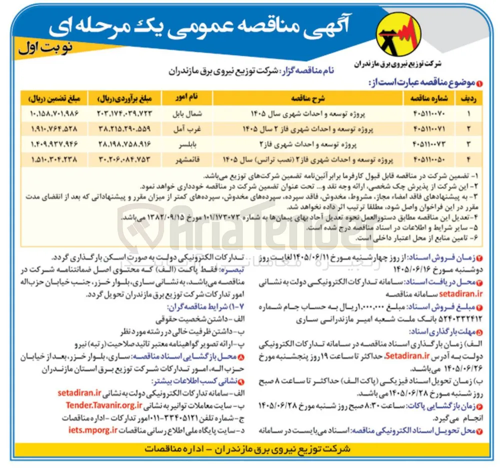 پروژه توسعه و احداث شهری فاز ۲ (نصب ترانس) سال ۱۴۰۵ 